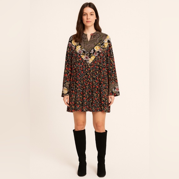 Free People Dresses & Skirts - Free People Floral Boho Tunic Dress Black Multicolor Rayon Long Sleeve S/M